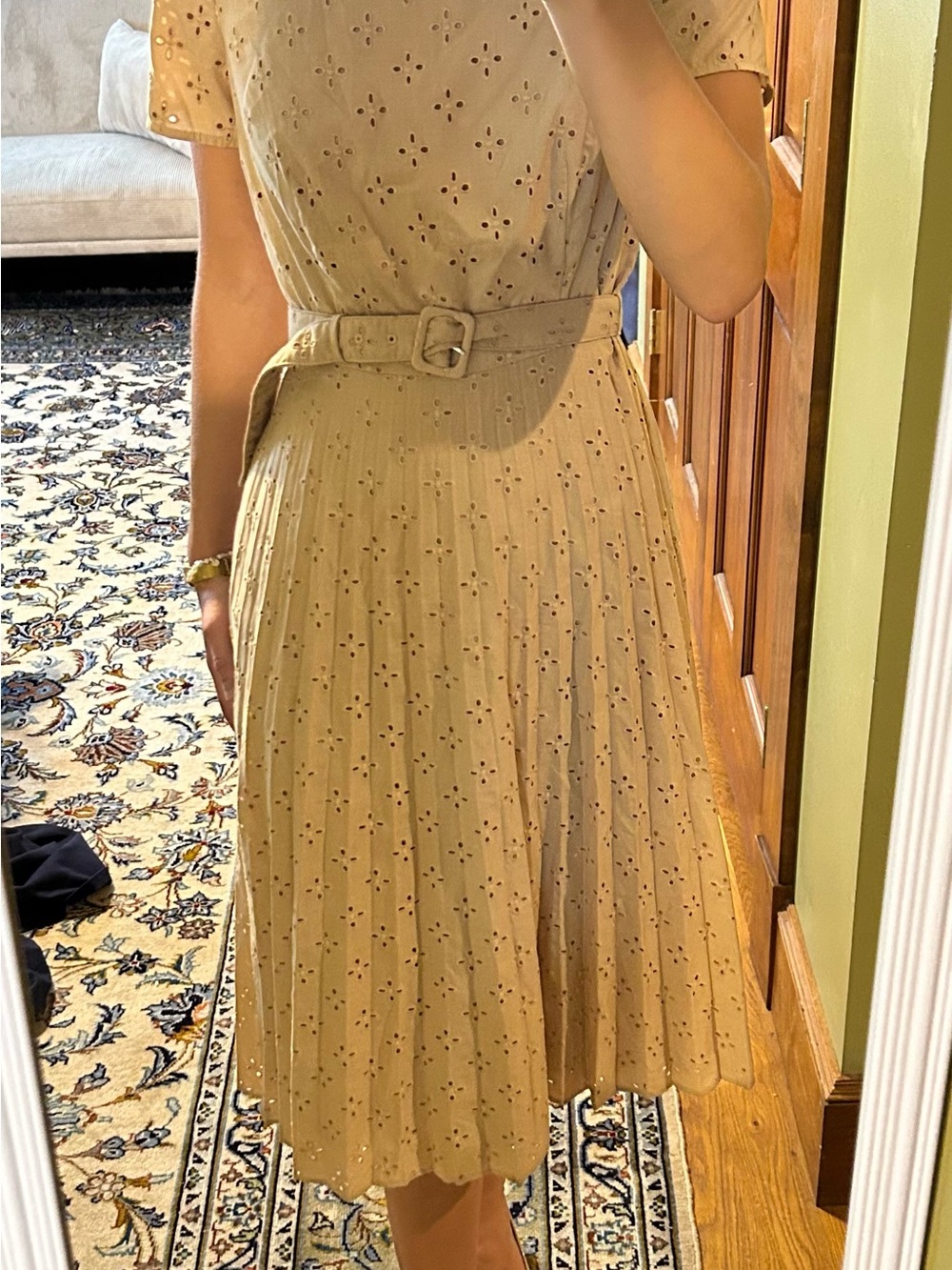 Ann Taylor Mustard Pleated Eyelet Midi Dress - Picture 4 of 10